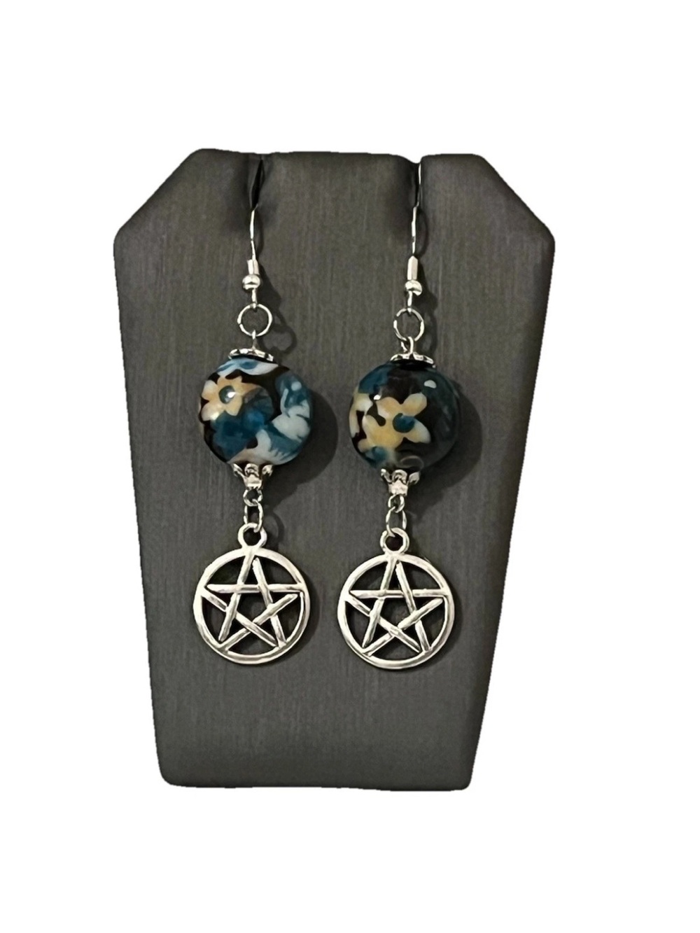 Wicca Pentagram Dangle Earrings Blue Floral Lampwork Glass Bead Goth Pagan Gift